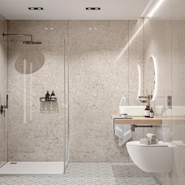Trepanel Aqua® Gloss Ivory Travertine Effect PVC Shower Wall Panel
