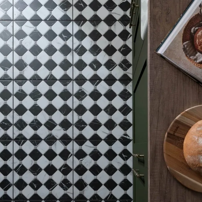 Canterbury Victorian Black & White Matt Marble Patterned Tiles