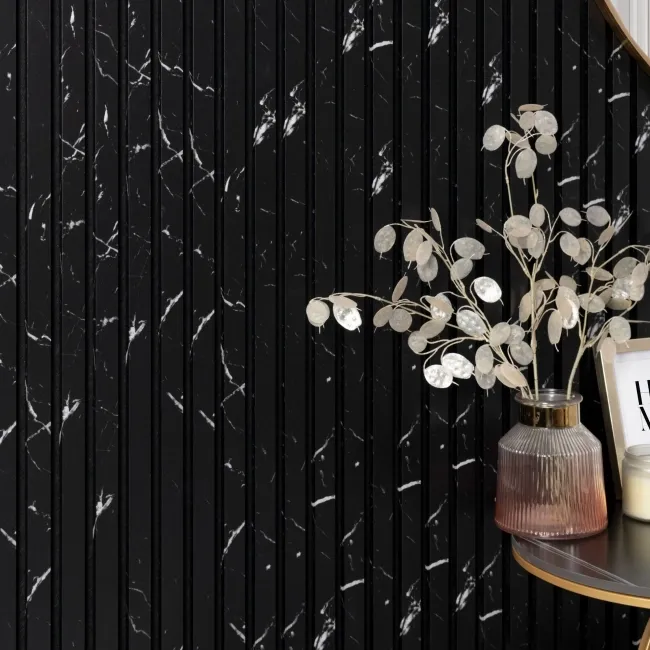 Trepanel Design® Black Marble Effect on Black Felt Acoustic Wood Slat Panels