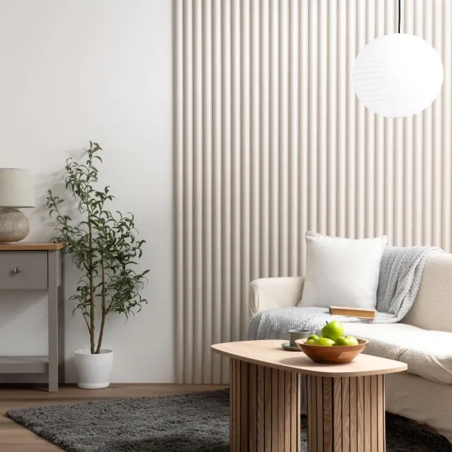 Trepanel Design® Light Oak on Antique White Felt Curve Acoustic Wood Slat Panels