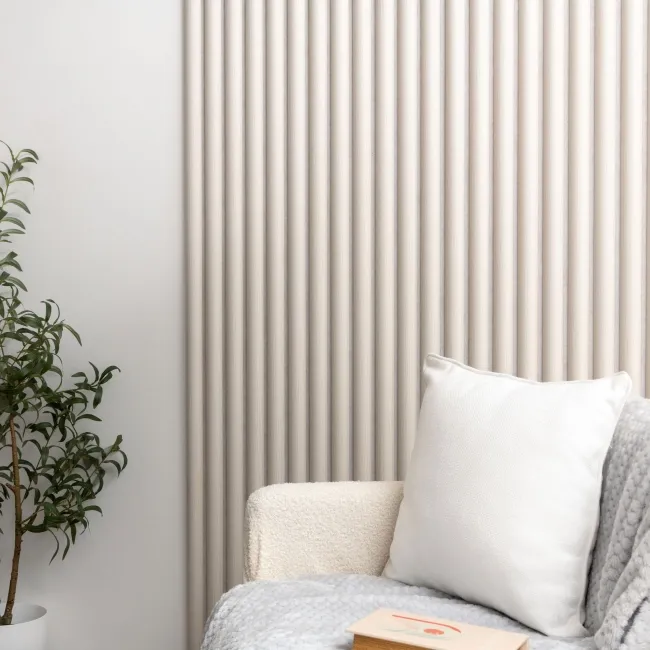 Trepanel Design® Light Oak on Antique White Felt Curve Acoustic Wood Slat Panels