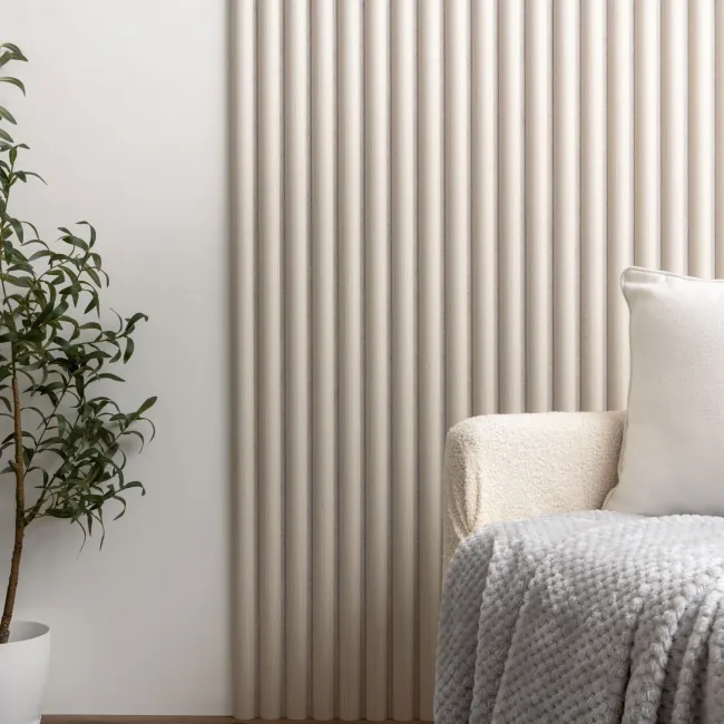 Trepanel Design® Light Oak on Antique White Felt Curve Acoustic Wood Slat Panels