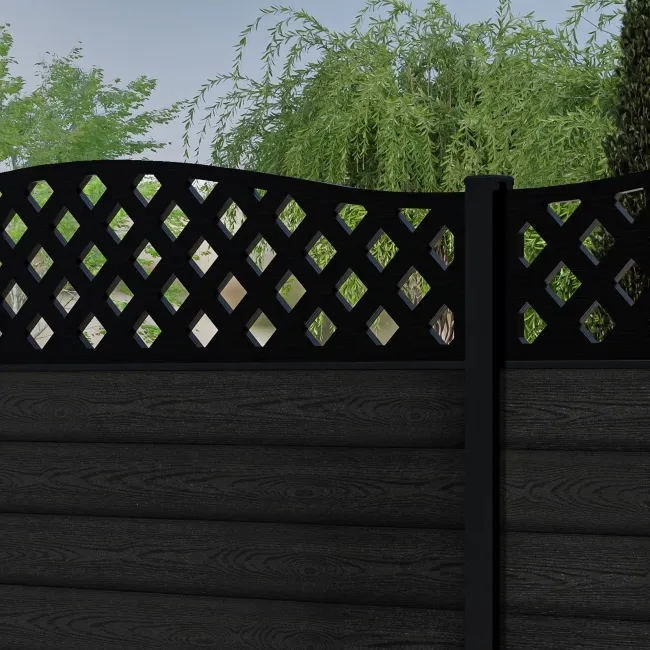 LuxeLine Composite Fence Panel Black 6ft High - Curve Top Lattice Decorative Screen with Buried Aluminium Post