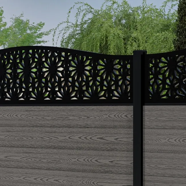 LuxeLine Composite Fence Panel Light Grey 6ft High - Floral Decorative Screen with Buried Aluminium Post