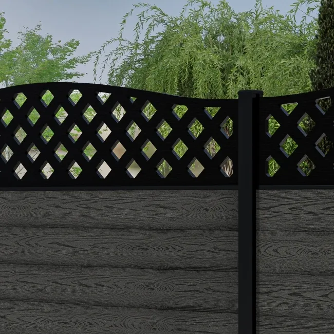 LuxeLine Composite Fence Panel Dark Grey 6ft High - Curve Top Lattice Decorative Screen with Buried Aluminium Post