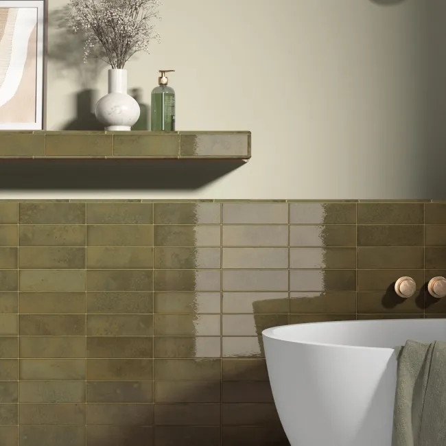Bohemian Olive Green Brick Effect Gloss Porcelain Wall Tile