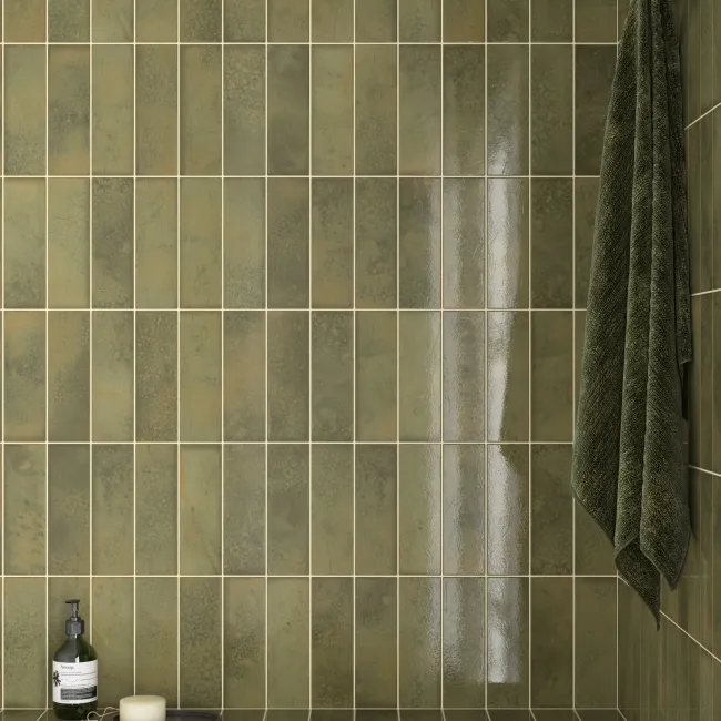 Bohemian Olive Green Brick Effect Gloss Porcelain Wall Tile