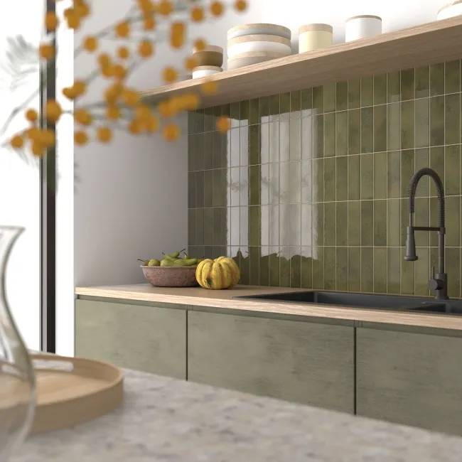 Bohemian Olive Green Brick Effect Gloss Porcelain Wall Tile
