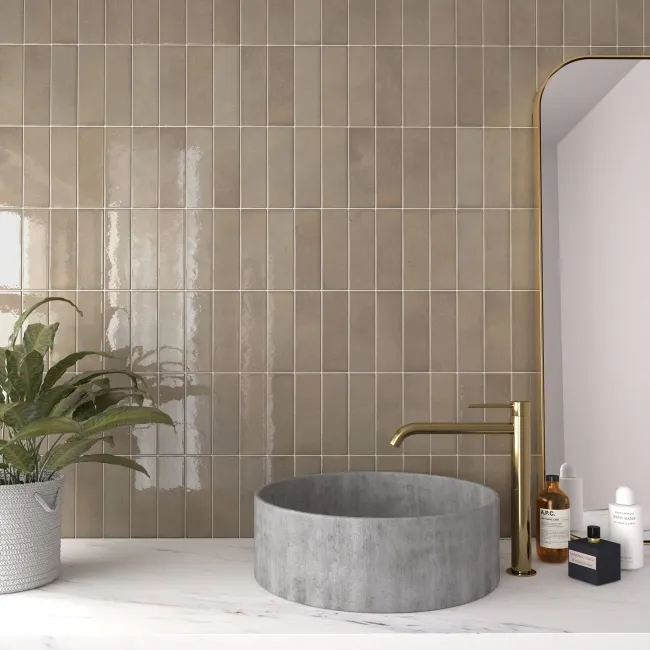 Bohemian Mink Taupe Brick Effect Gloss Porcelain Wall Tile