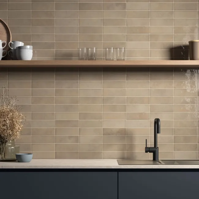 Bohemian Mink Taupe Brick Effect Gloss Porcelain Wall Tile