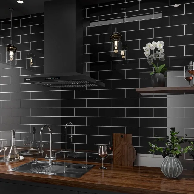 Linear Black Gloss Brick Shape Wall Tiles 300x100