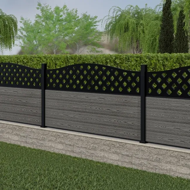 LuxeLine Composite Fence Panel Light Grey 3ft High - Curve Top Lattice Decorative Screen with Aluminium Post