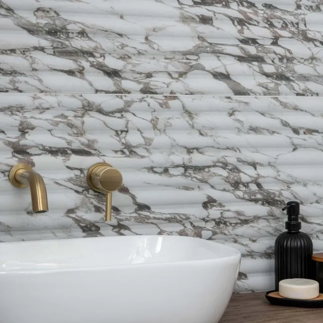 Indulgence White Calacatta Viola Marble Effect Reeded Decor Wall Tiles