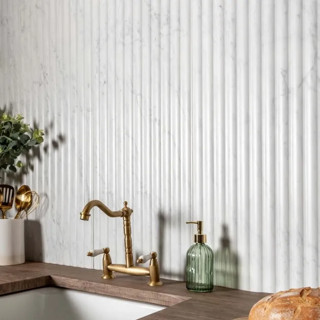 Indulgence White Carrara Marble Effect Reeded Decor Wall Tiles