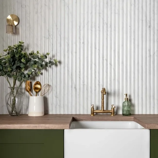 Indulgence White Carrara Marble Effect Reeded Decor Wall Tiles