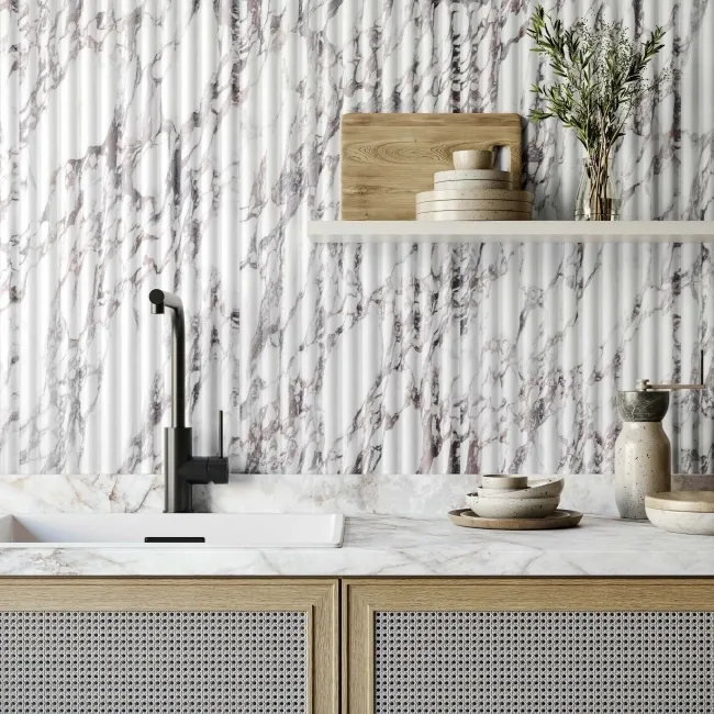 Indulgence White Calacatta Viola Marble Effect Reeded Decor Wall Tiles