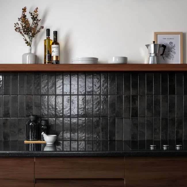 Bohemian Charcoal Black Brick Effect Gloss Porcelain Wall Tile