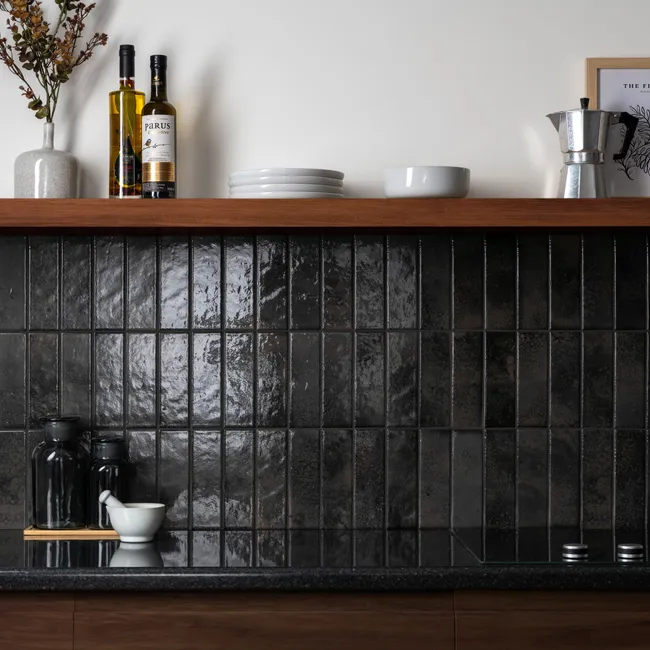 Bohemian Charcoal Black Brick Effect Gloss Porcelain Wall Tile