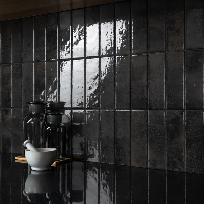 Bohemian Charcoal Black Brick Effect Gloss Porcelain Wall Tile