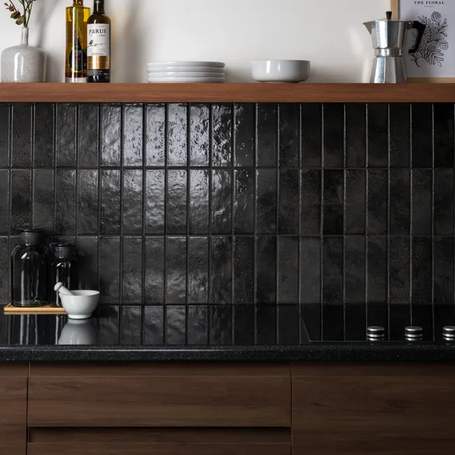 Bohemian Charcoal Black Brick Effect Gloss Porcelain Wall Tile
