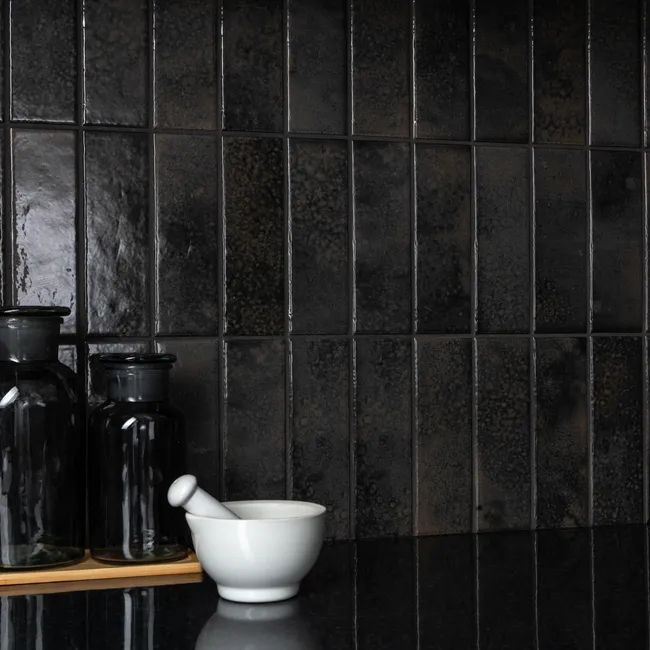 Bohemian Charcoal Black Brick Effect Gloss Porcelain Wall Tile