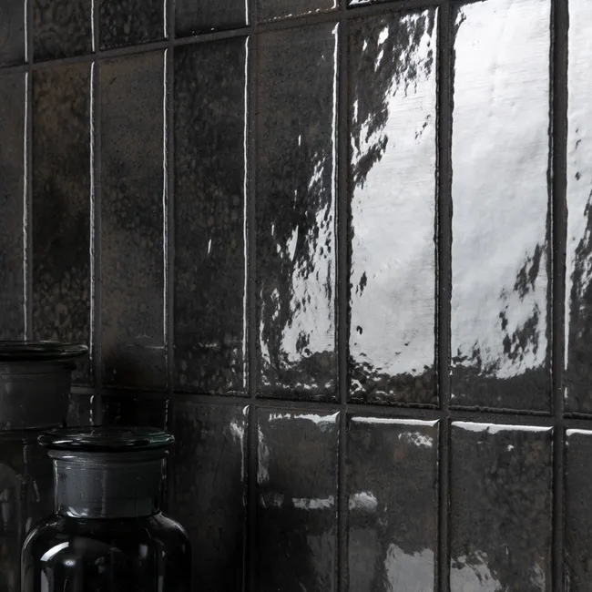 Bohemian Charcoal Black Brick Effect Gloss Porcelain Wall Tile
