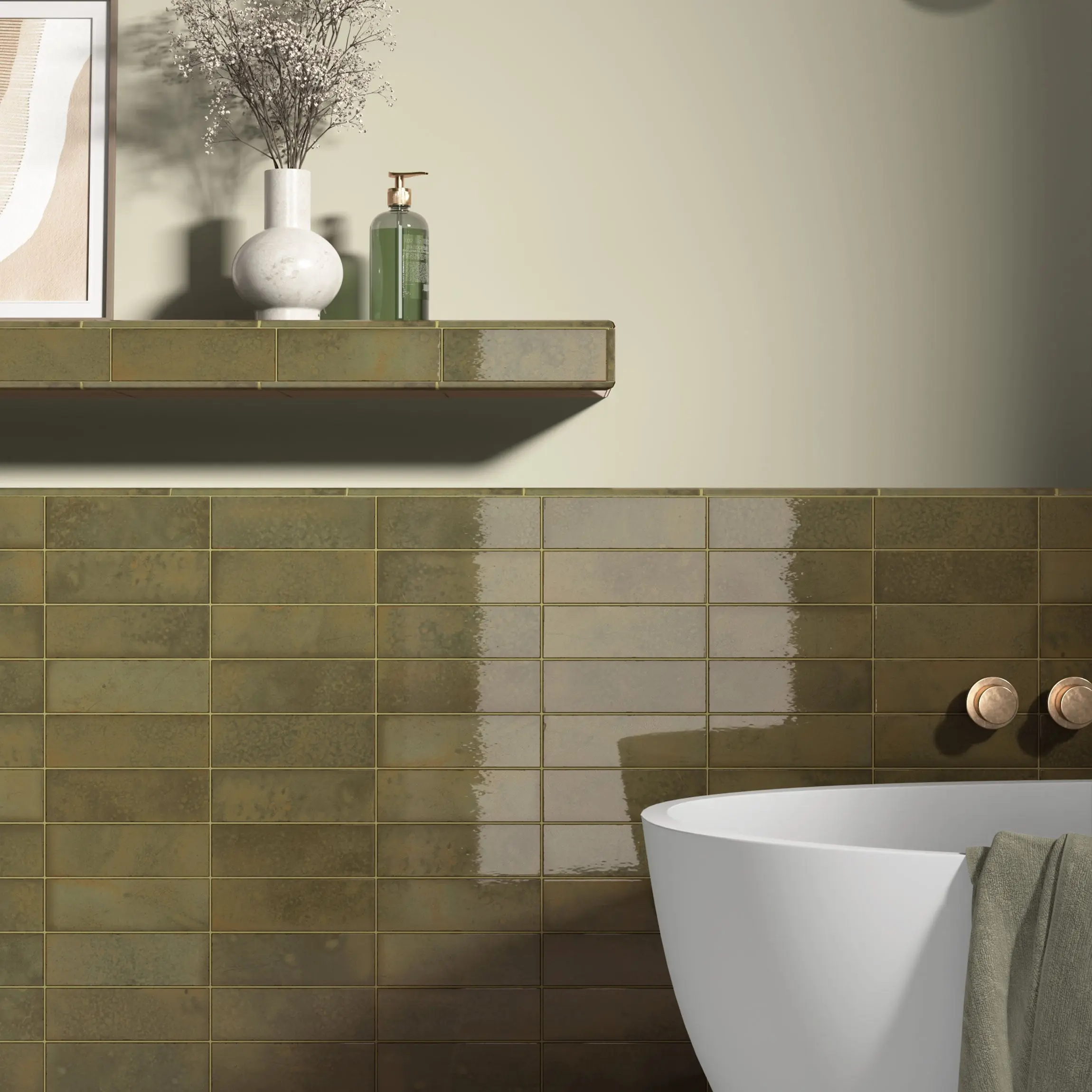 Bohemian Olive Green Brick Effect Gloss Porcelain Wall Tile