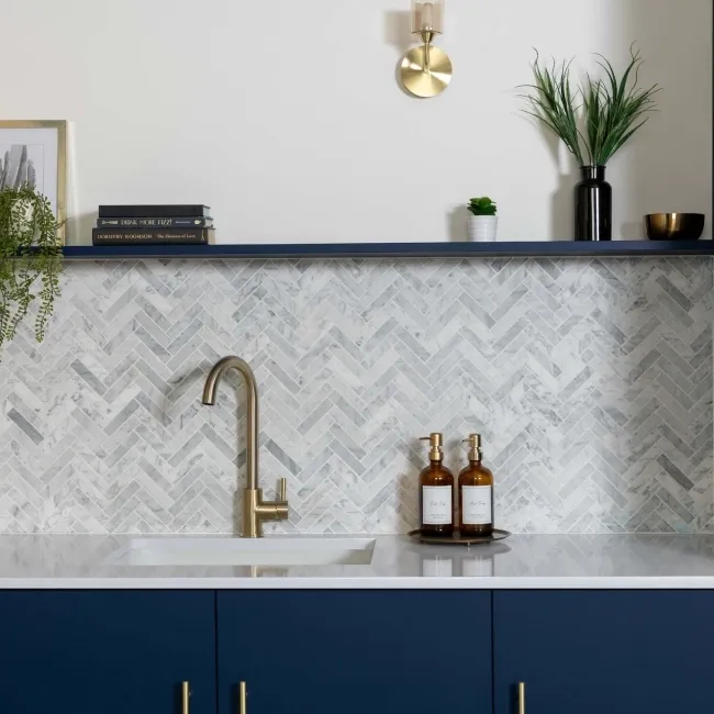Natural Carrara Grey Herringbone Marble Mosaic Tiles
