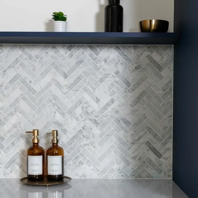 Natural Carrara Grey Herringbone Marble Mosaic Tiles