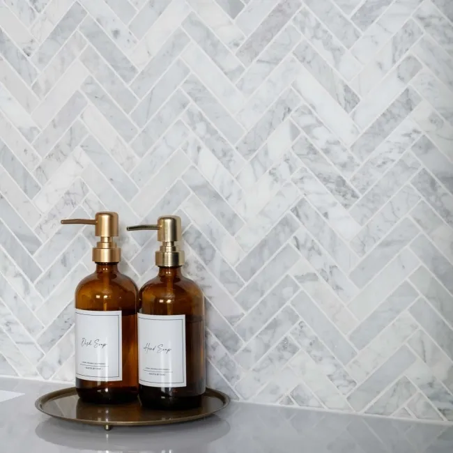 Natural Carrara Grey Herringbone Marble Mosaic Tiles