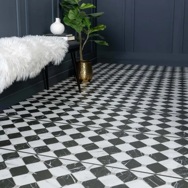 Canterbury Victorian Black & White Matt Marble Patterned Tiles