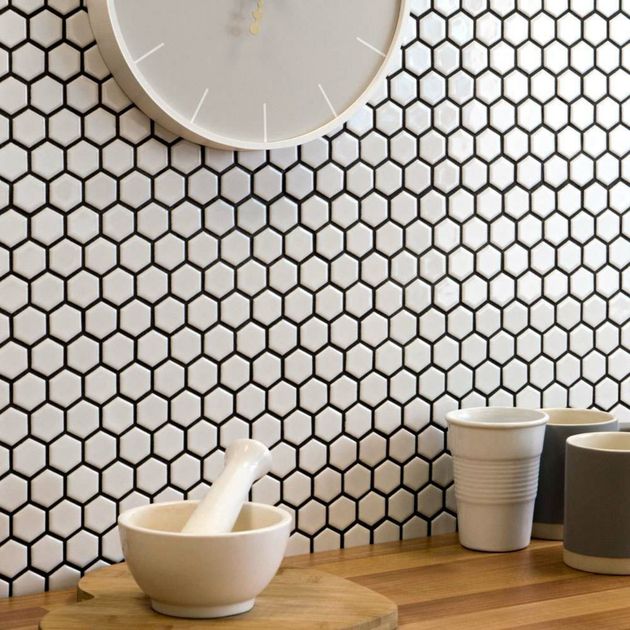 Pixel White Hexagon Gloss 23x23 Mosaic Tiles | Walls and Floors