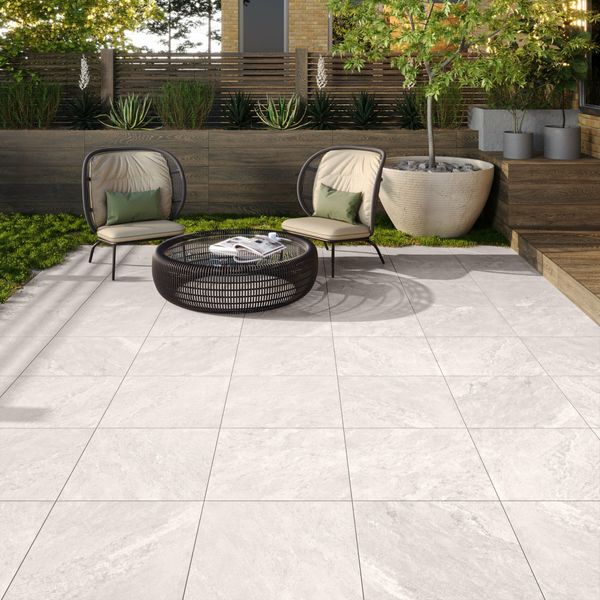Mountain Pearl Grey Stone Effect 16mm Porcelain Paving Slabs 600x600