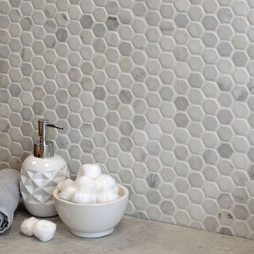 Natural marble tile inspiration in hexagonal mosaic.