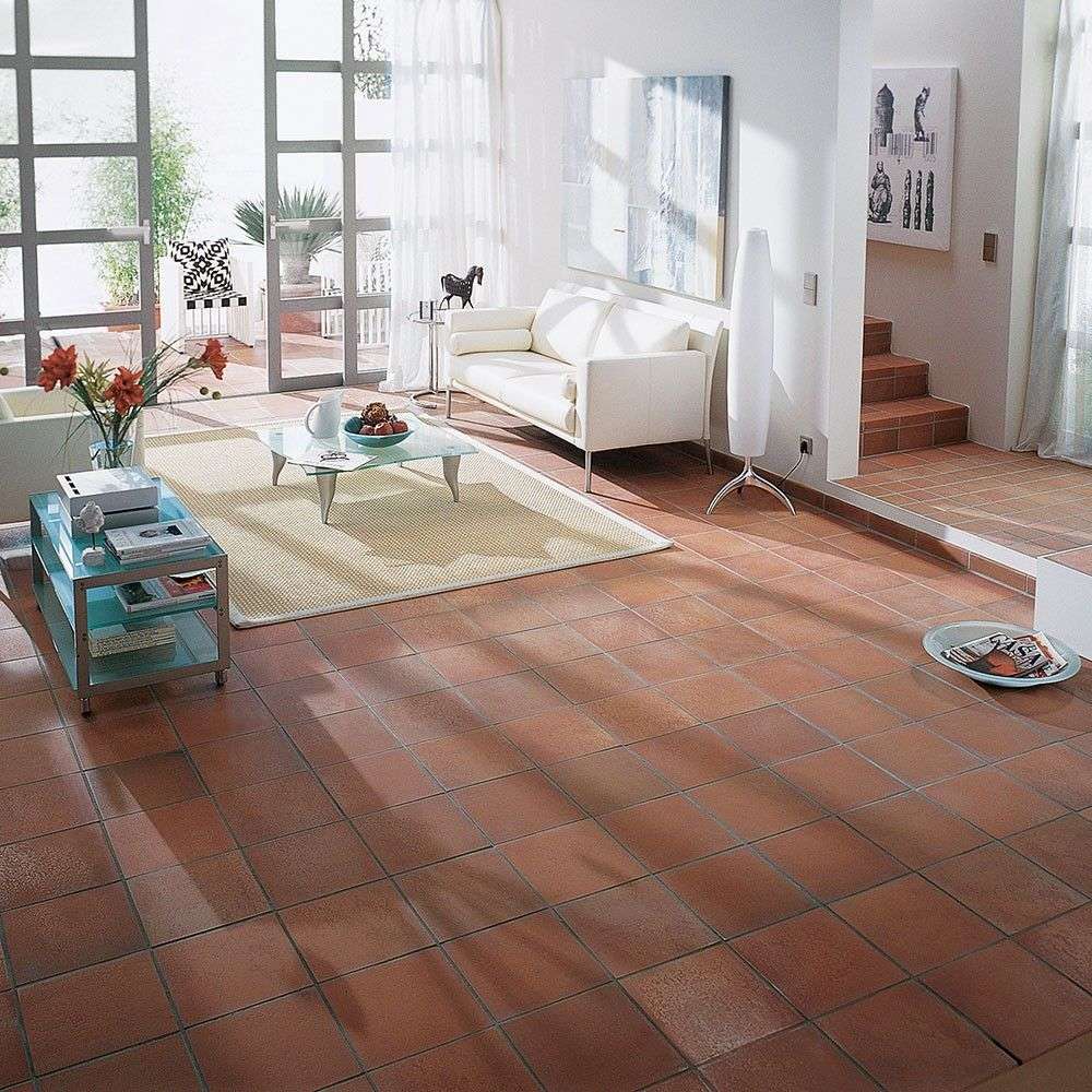 Red quarry tiles in living room