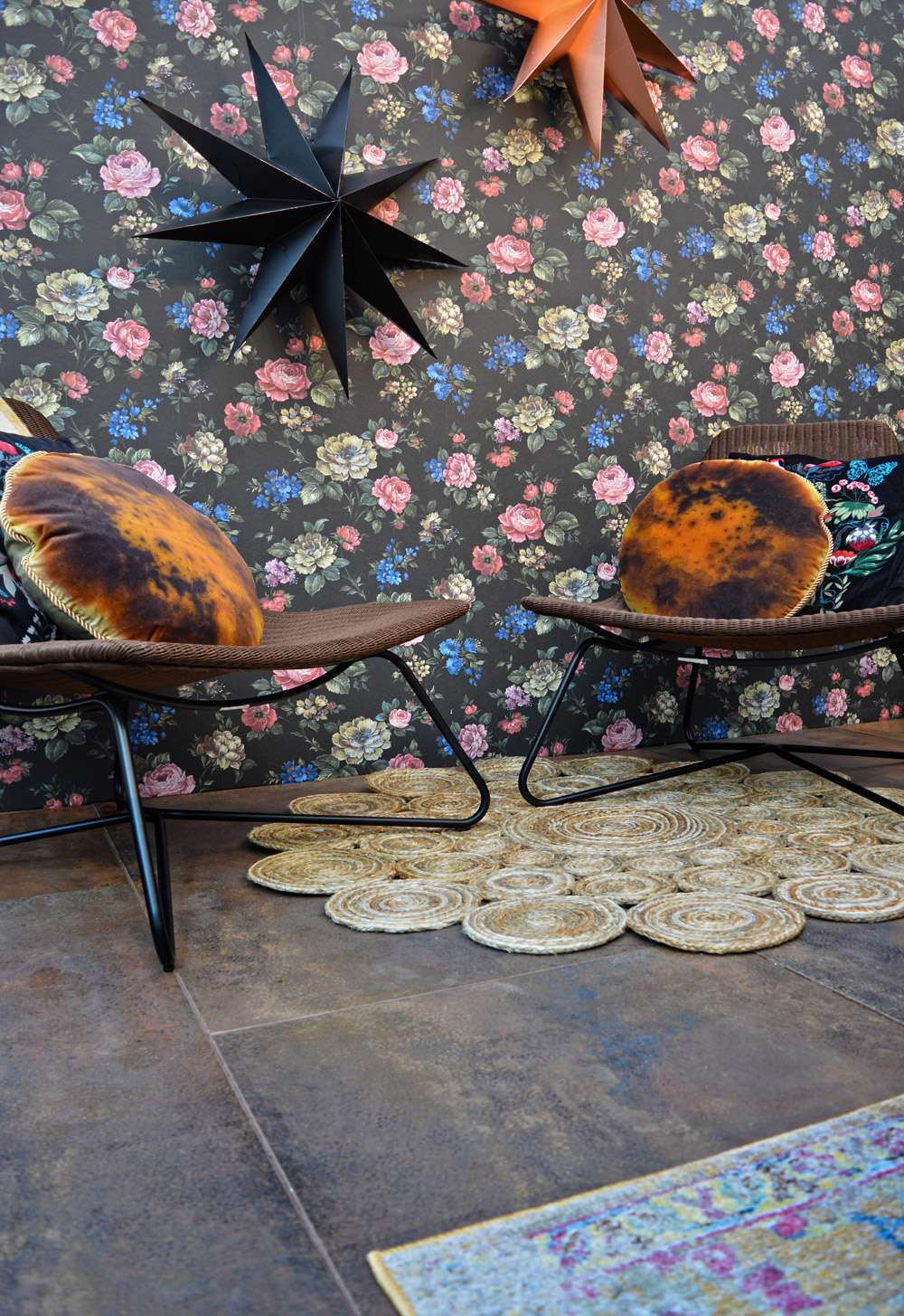 Rust metallic floor tiles Ideal Home Show