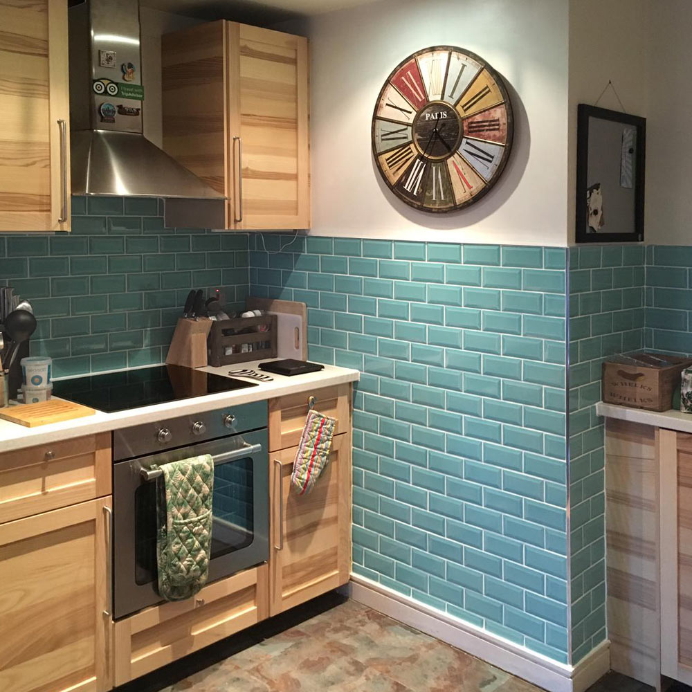 teal brick kitchen splashback tiles