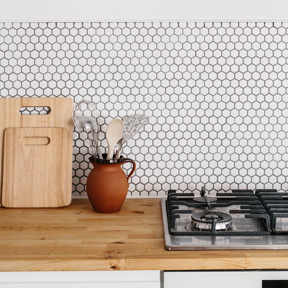 white herringbone mosaic kitchen splashback tiles