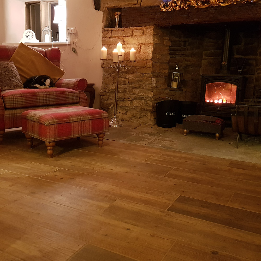Cosy rustic oak wood effect living room floor tiles