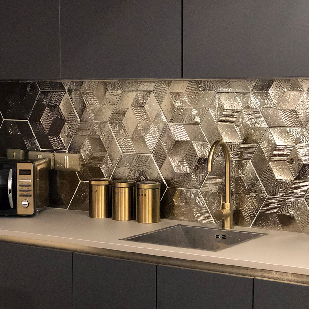 Gold hexagon kitchen splashback tiles