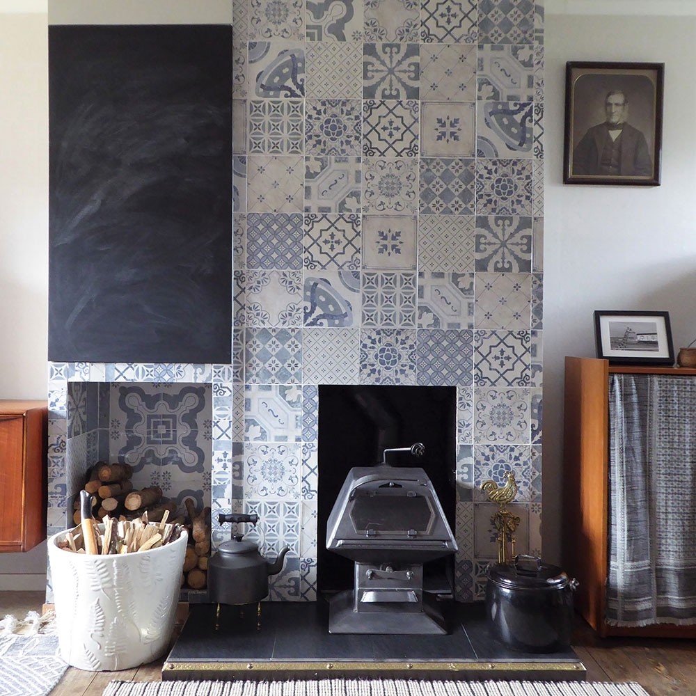 Vintage patterned tile fireplace