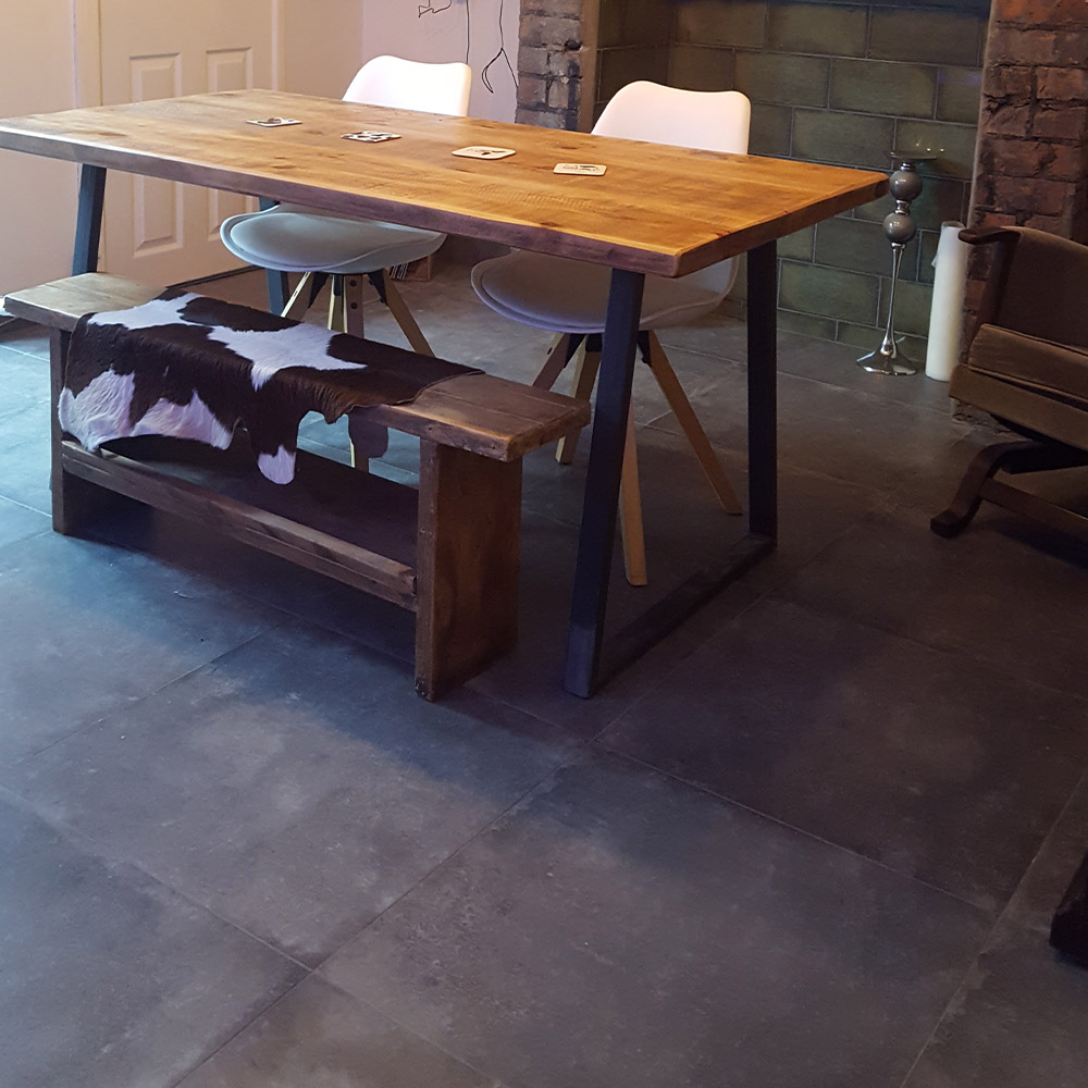 Concrete effect dining room floor tiles