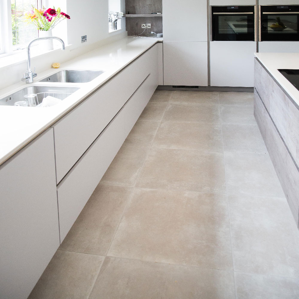 Concrete effect kitchen floor tiles