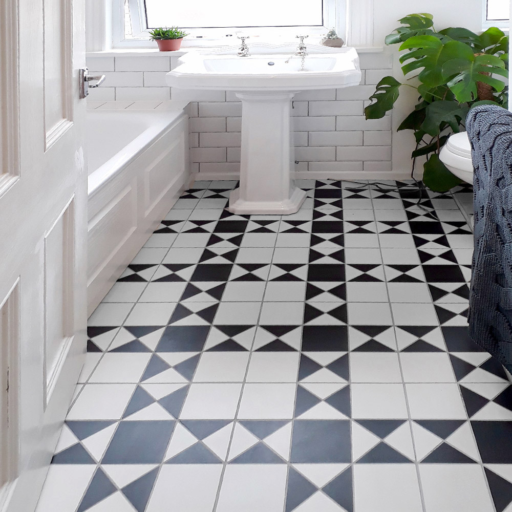 Monochrome statement bathroom floor tiles