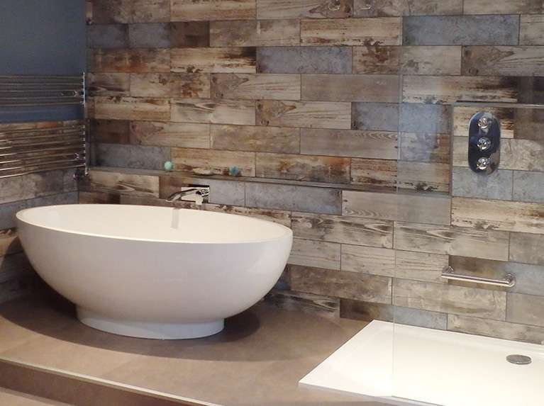Reclaimed wood effect bathroom tiles