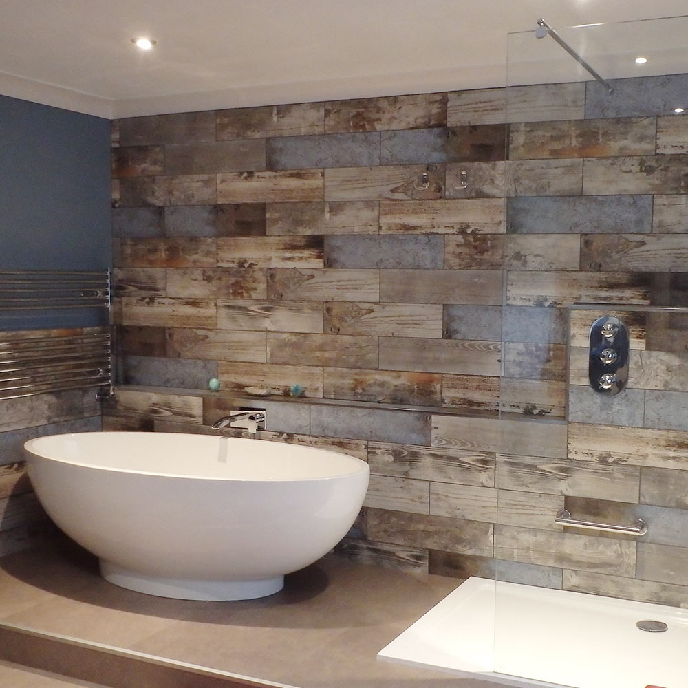 Reclaimed wood effect bathroom wall tiles