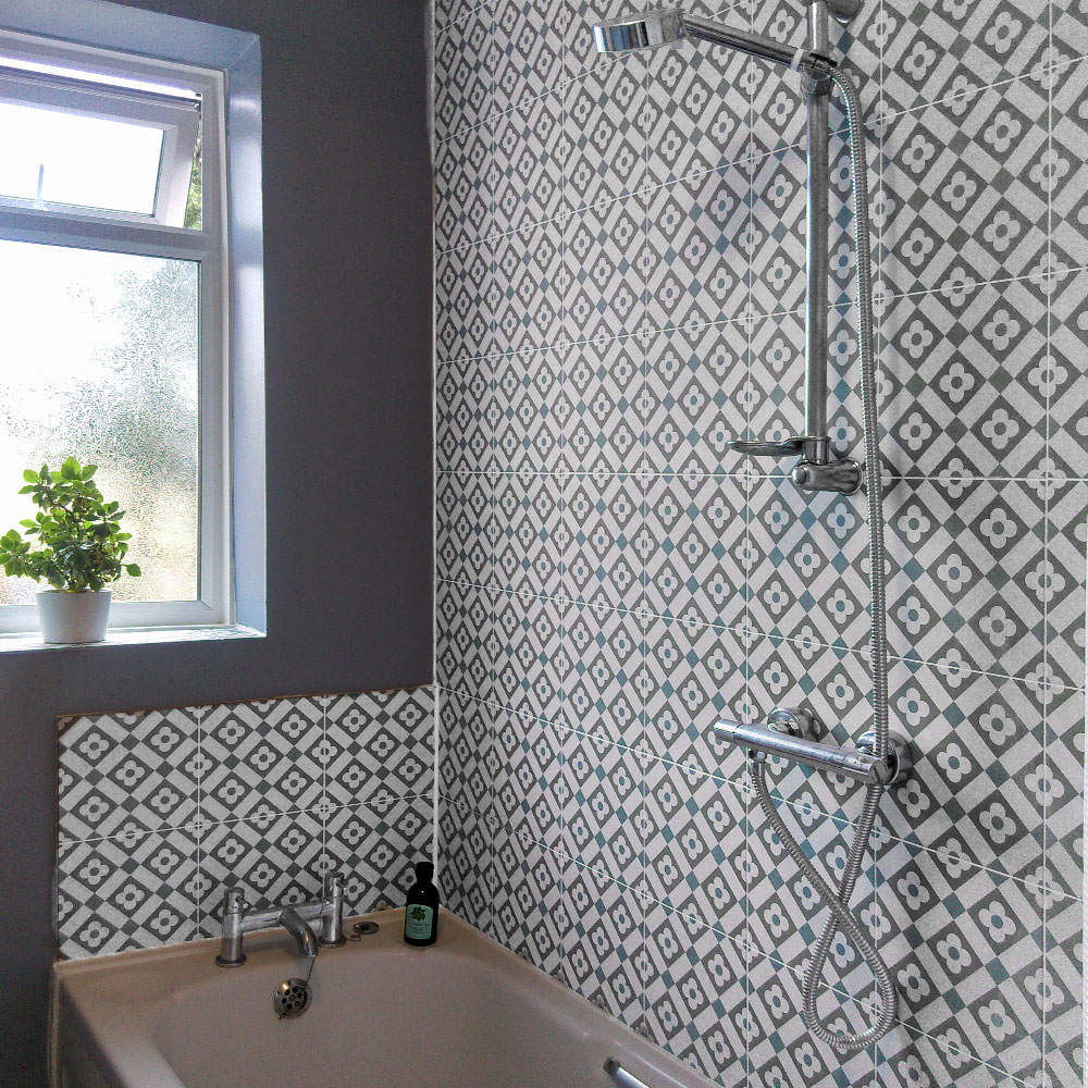 Blue patterned vintage styled shower tiles