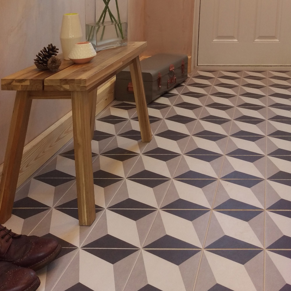 Geometric patterned hallway floor tiles