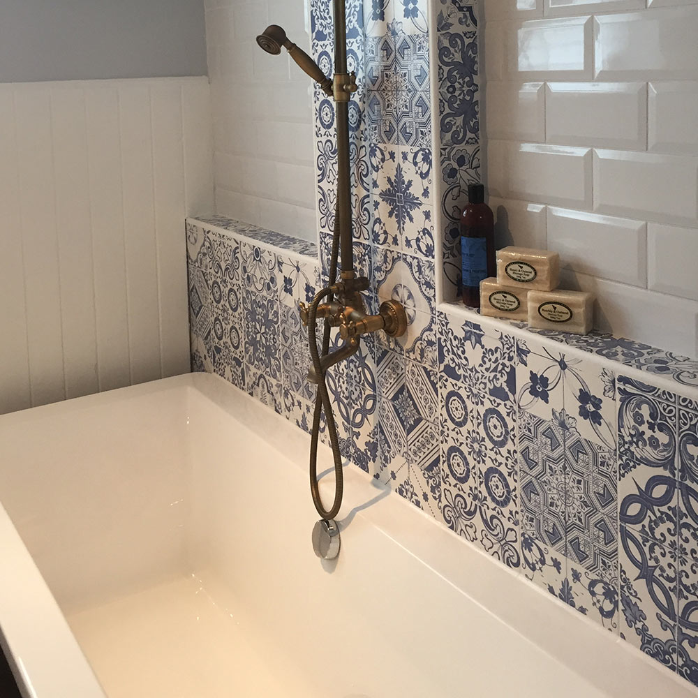 Patterned blue wall tiles
