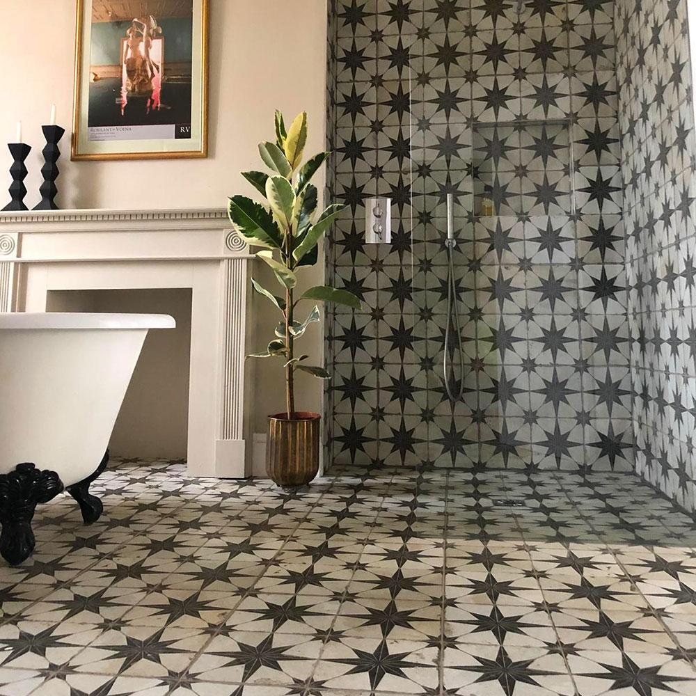Star patterned Scintilla bathroom floor tiles